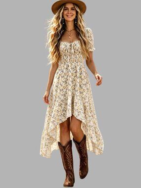 Bohemian Meadows Floral High-Low Dress with Smocked Bodice